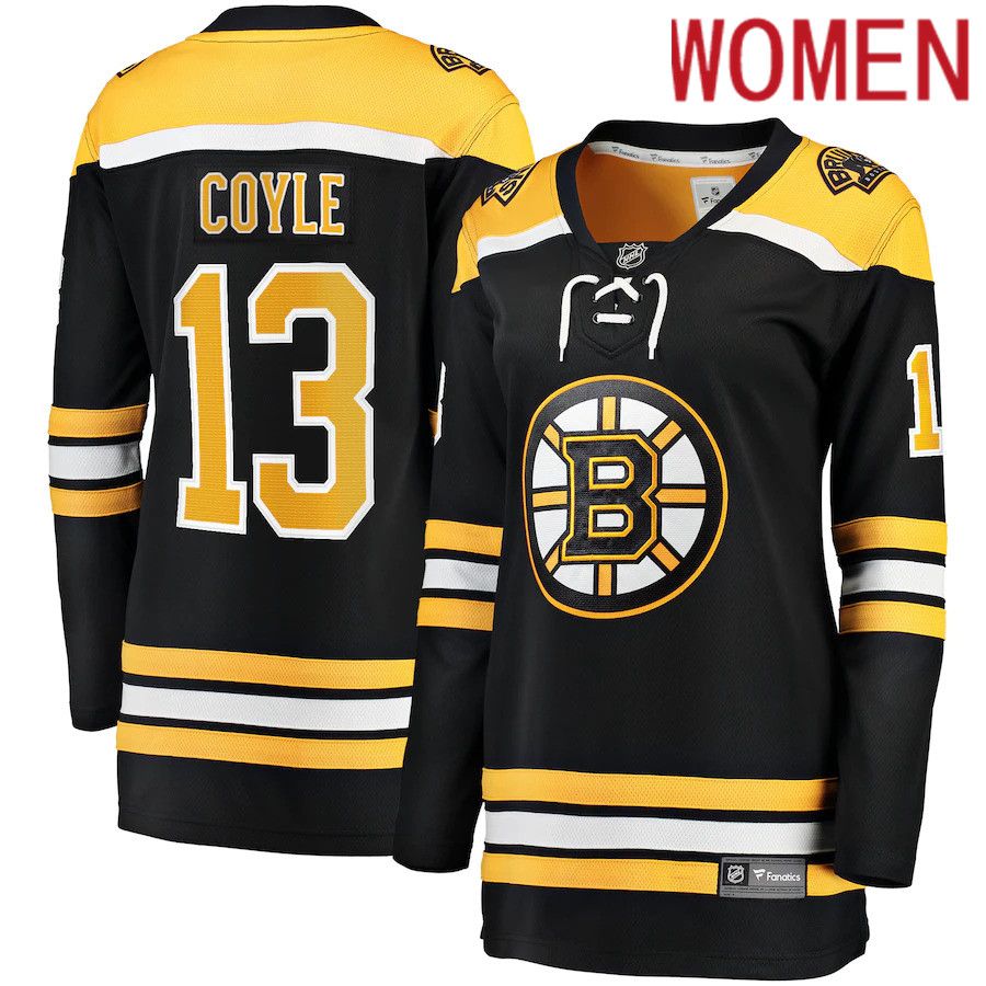 Women Boston Bruins #13 Charlie Coyle Fanatics Branded Black Home Premier Breakaway Player NHL Jersey